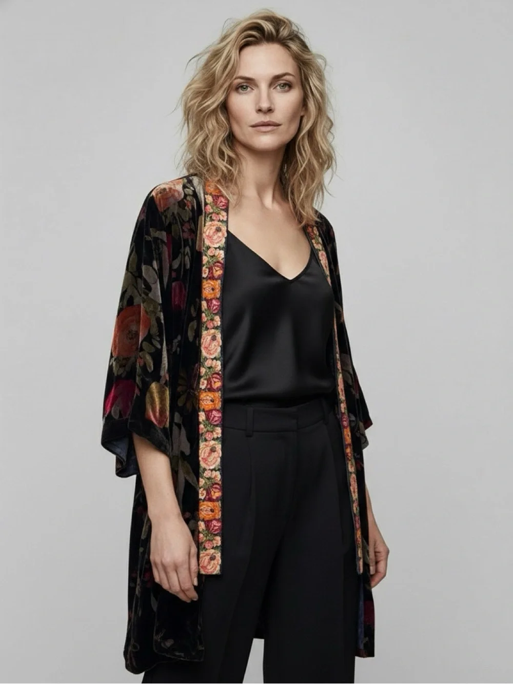 JOHNNY WAS PETITE KEHLANI REVERSIBLE FLORAL VELVET/SILK KIMONO EMBROIDERY BOHO